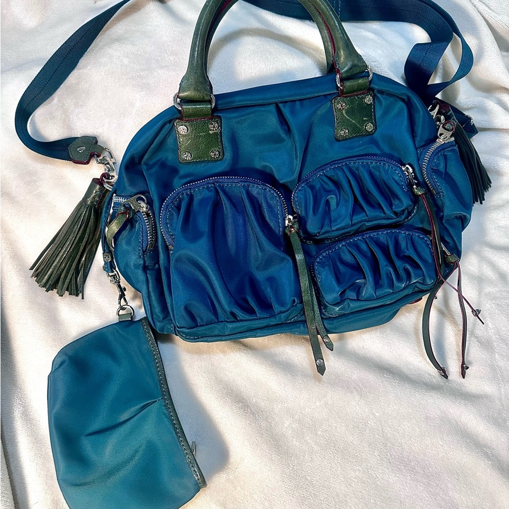 MZ Wallace Teal Blue Nylon Shoulder Bag with Green Trim and Tassel